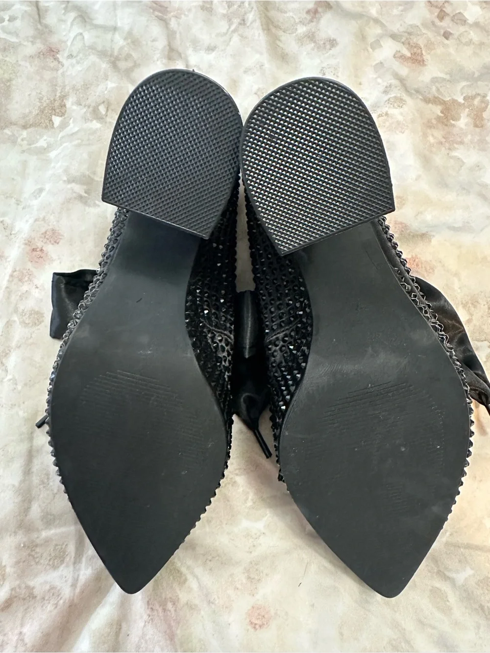 Dolls Kill Widow Black Crystal Platform Lace-Up Heels with Satin Bow